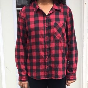 red and black plaid button down